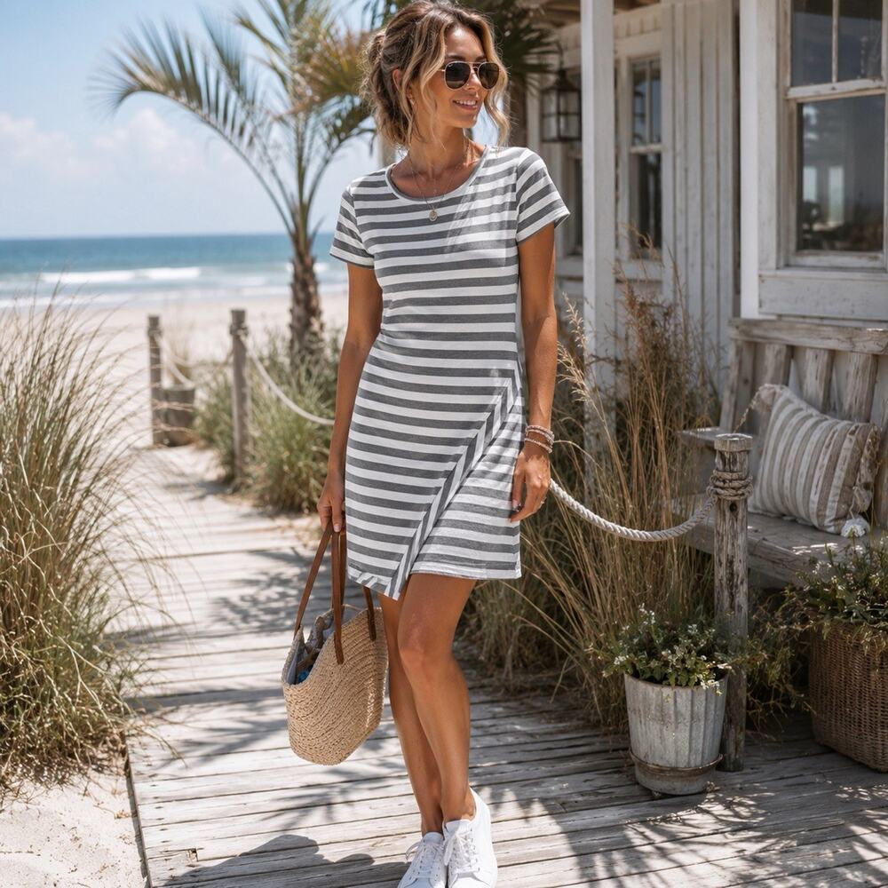 41 Hawthorn Sz M Petite Gray White Stripe Faux Wrap Dress Coastal Preppy Stretch